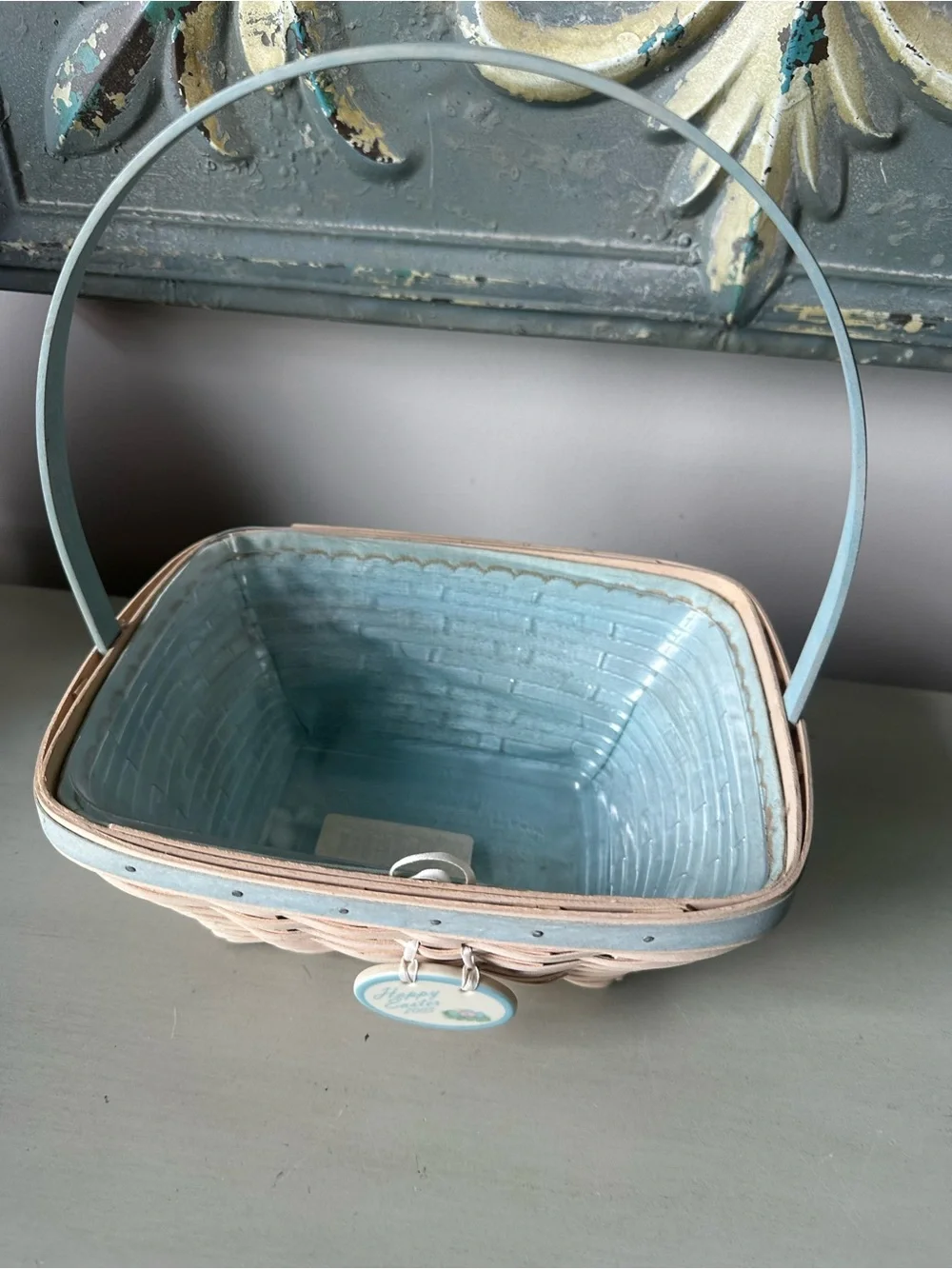 Longaberger white wash Robbins egg blue Easter basket with liner protector tie o